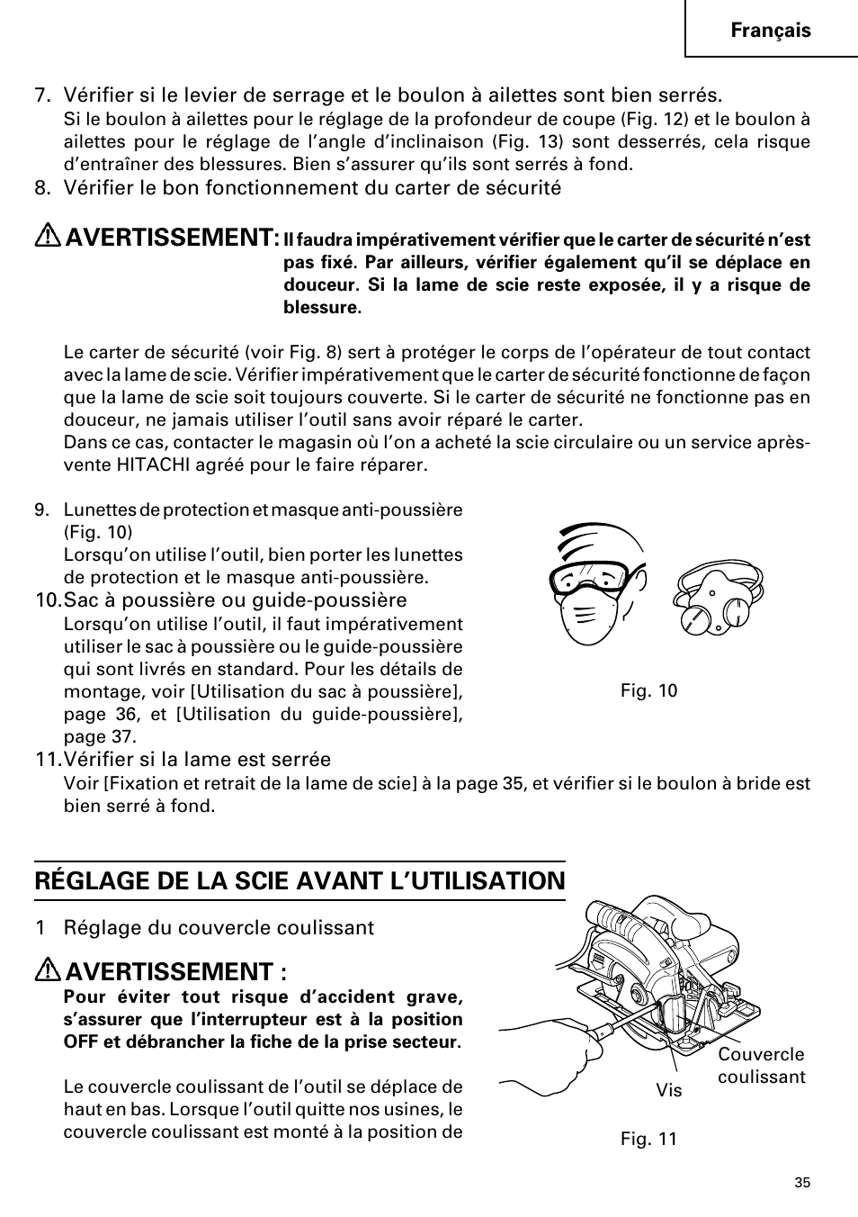 Avertissement, Réglage de la scie avant l’utilisation | Hitachi C 7YA User Manual | Page 35 / 68