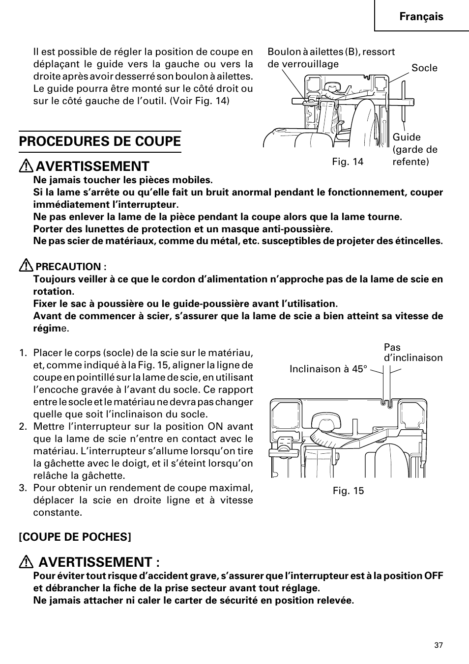 Procedures de coupe avertissement, Avertissement | Hitachi C 7YA User Manual | Page 37 / 68