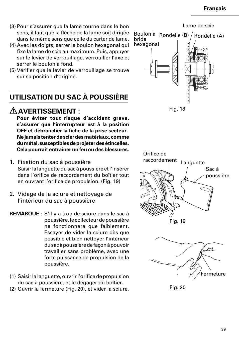 Utilisation du sac à poussière avertissement | Hitachi C 7YA User Manual | Page 39 / 68