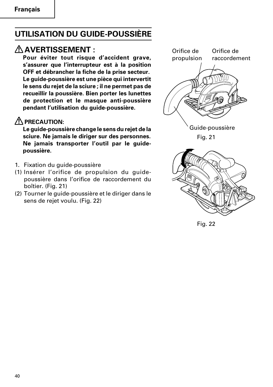 Utilisation du guide-poussière avertissement | Hitachi C 7YA User Manual | Page 40 / 68
