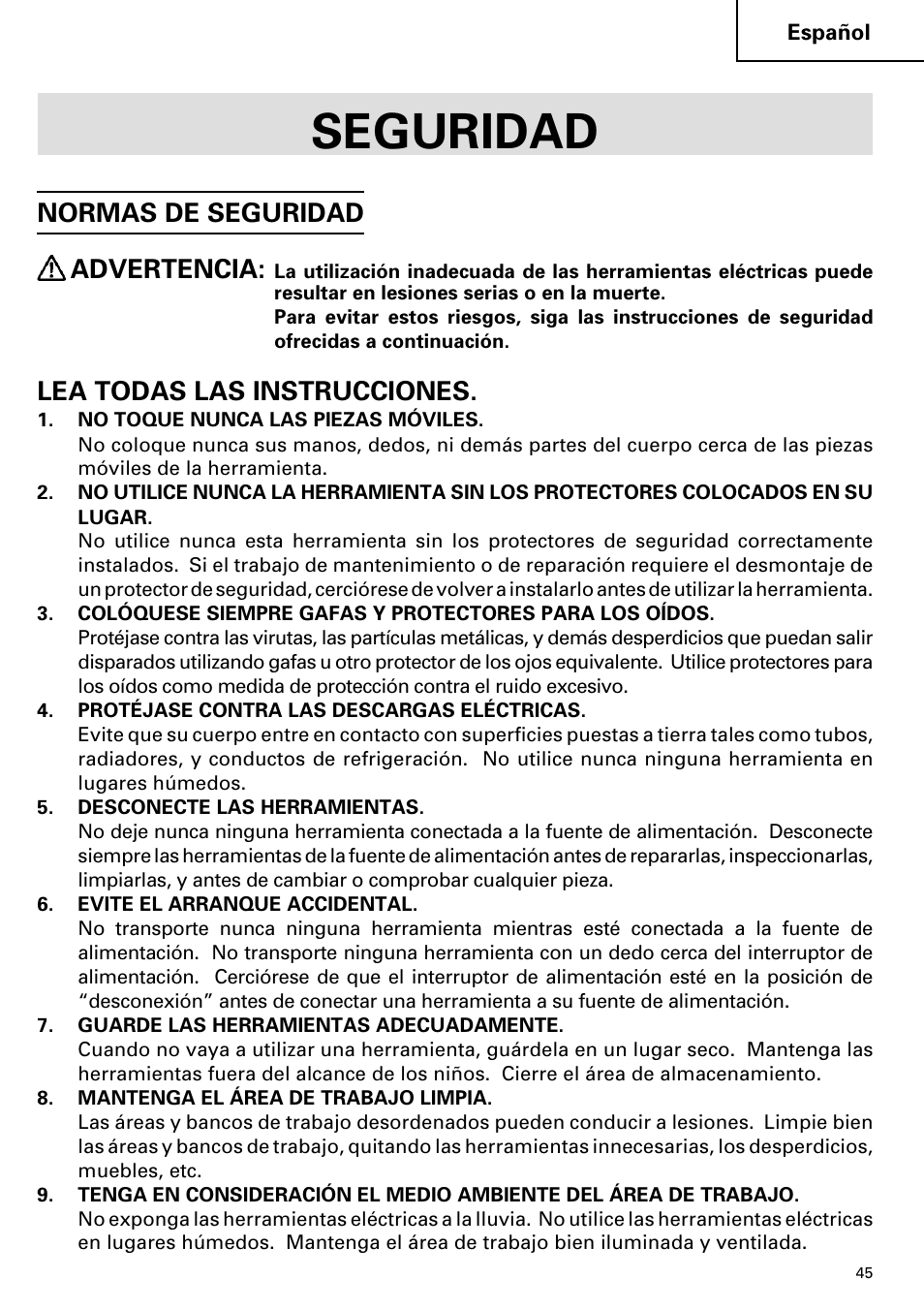 Seguridad, Normas de seguridad advertencia, Lea todas las instrucciones | Hitachi C 7YA User Manual | Page 45 / 68