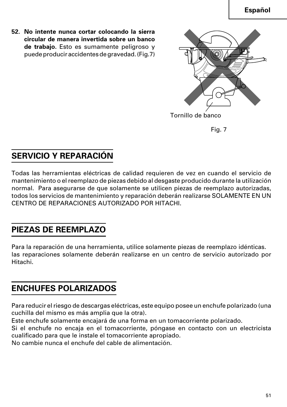 Servicio y reparación, Piezas de reemplazo, Enchufes polarizados | Hitachi C 7YA User Manual | Page 51 / 68