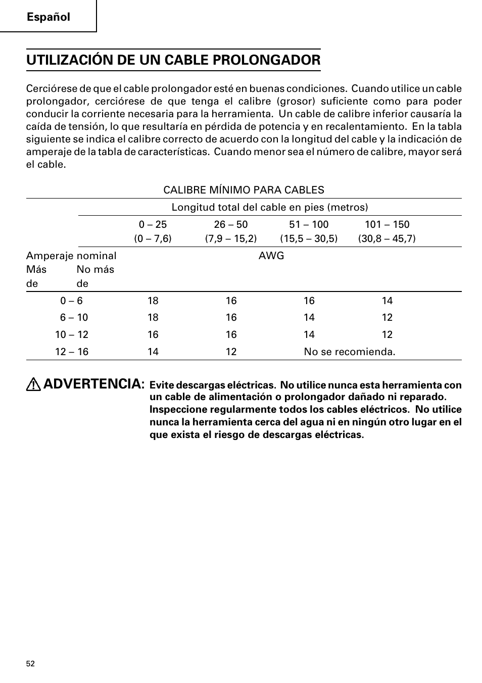 Utilización de un cable prolongador, Advertencia | Hitachi C 7YA User Manual | Page 52 / 68