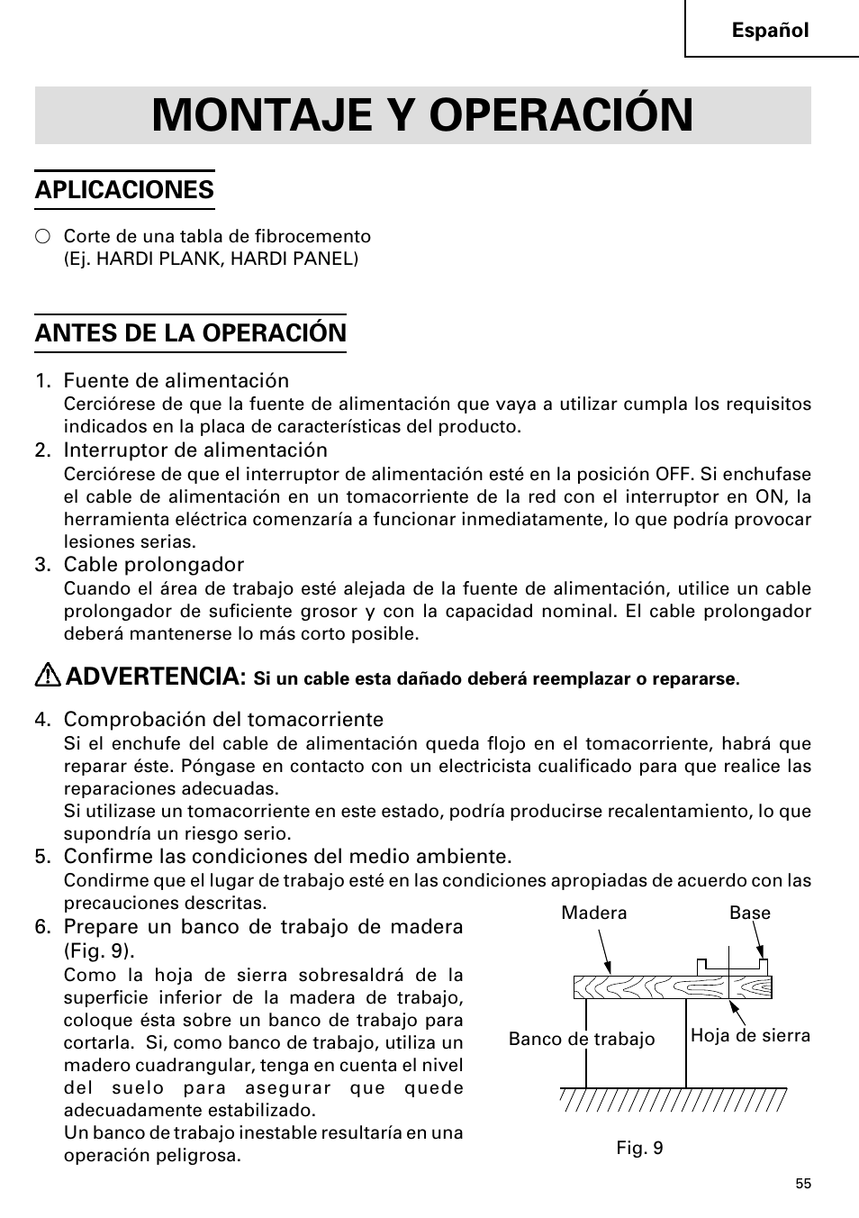Montaje y operación, Aplicaciones, Antes de la operación | Advertencia | Hitachi C 7YA User Manual | Page 55 / 68