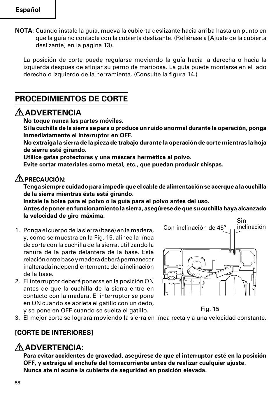 Procedimientos de corte advertencia, Advertencia | Hitachi C 7YA User Manual | Page 58 / 68