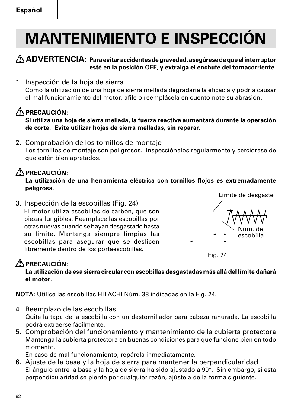 Mantenimiento e inspección, Advertencia | Hitachi C 7YA User Manual | Page 62 / 68