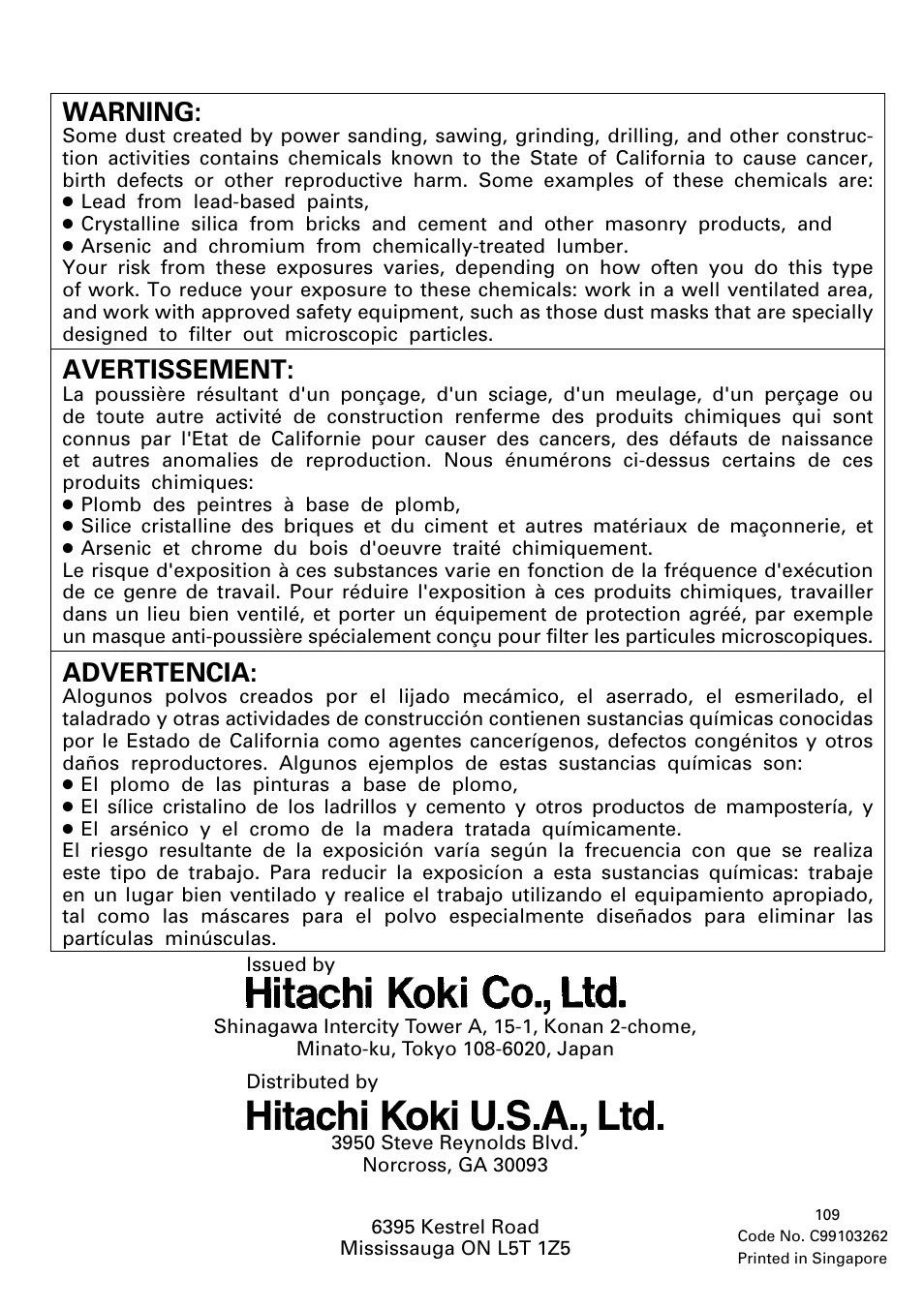 Hitachi koki canada co, Warning, Avertissement | Advertencia | Hitachi C 7YA User Manual | Page 68 / 68