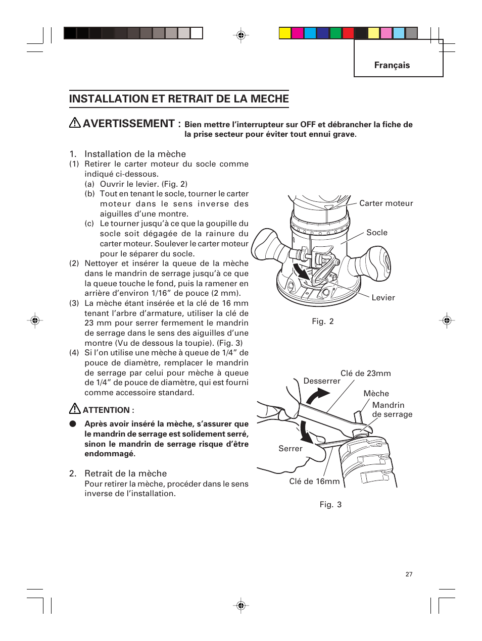 Installation et retrait de la meche avertissement | Hitachi M 12SC User Manual | Page 27 / 68