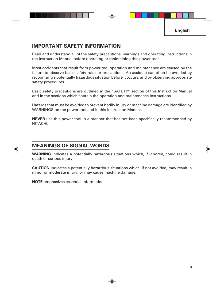 Important safety information, Meanings of signal words | Hitachi M 12SC User Manual | Page 3 / 68