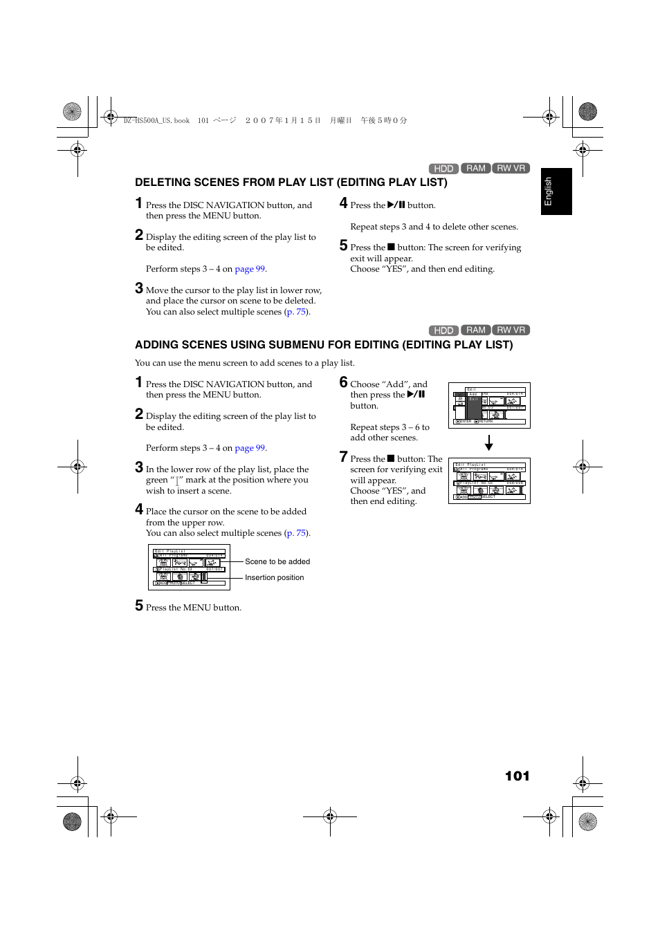 Deleting scenes from play list, Editing play list), Adding scenes using submenu for | Editing (editing play list) | Hitachi DZ-HS500A User Manual | Page 101 / 169