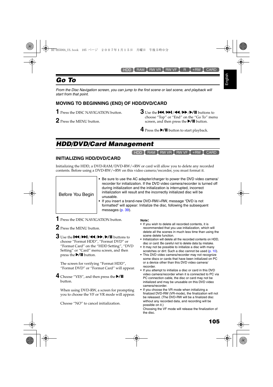 Go to, Moving to beginning (end) of, Hdd/dvd/card | Hdd/dvd/card management, Initializing hdd/dvd/card, P. 105, Choosing “top” will jump to, P. 10 | Hitachi DZ-HS500A User Manual | Page 105 / 169