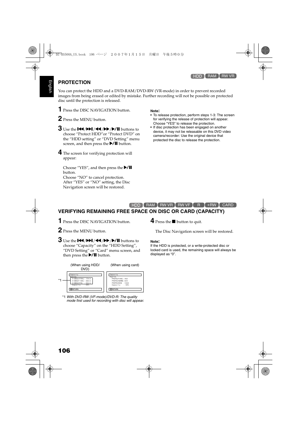 Protection verifying remaining free space, On disc or card (capacity), P. 10 | Hitachi DZ-HS500A User Manual | Page 106 / 169