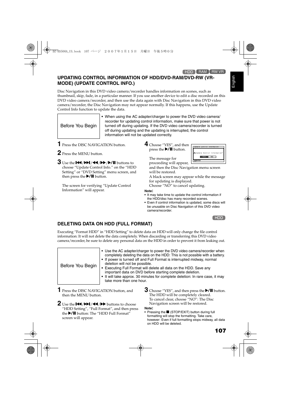 P. 107, Updating control information of, Deleting data on hdd | Full format), P. 10 | Hitachi DZ-HS500A User Manual | Page 107 / 169