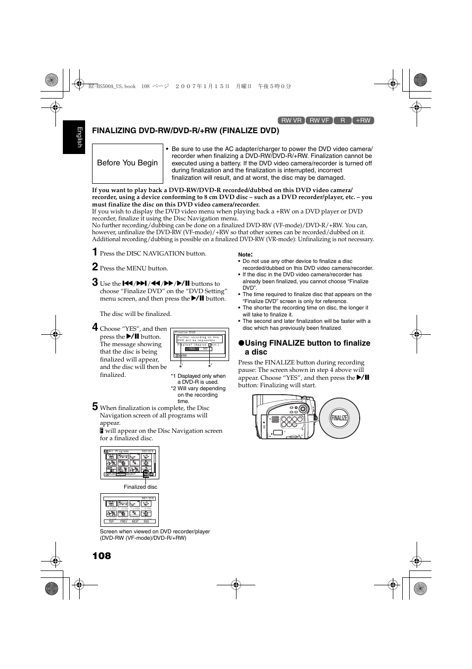 Finalizing dvd-rw/dvd-r/+rw, Finalize dvd), P. 108 | P. 10, Finalizing dvd-rw/dvd-r/+rw (finalize dvd), Using finalize button to finalize a disc, Before you begin, Finalize | Hitachi DZ-HS500A User Manual | Page 108 / 169