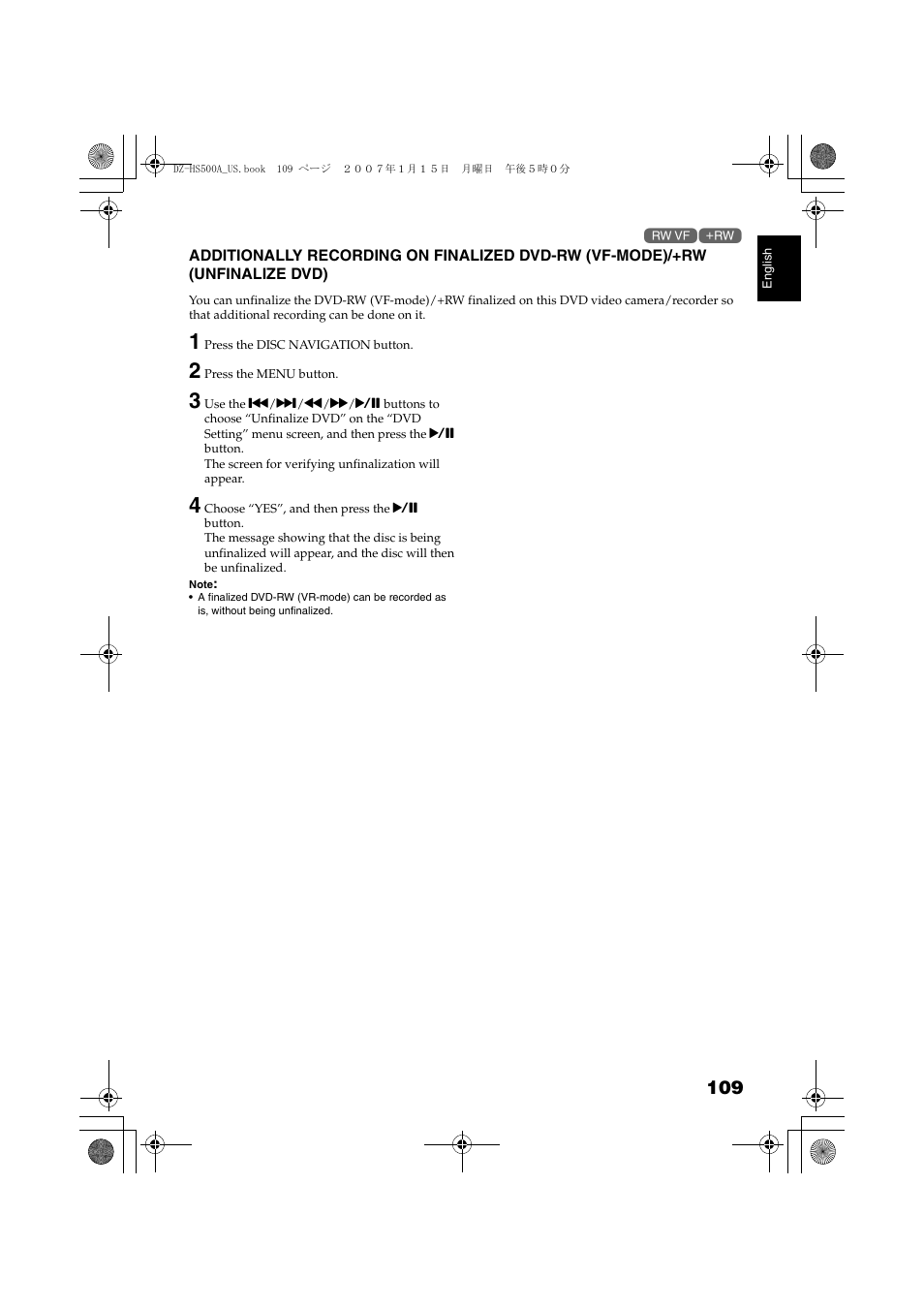 Additionally recording on finalized, Dvd-rw (vf-mode)/+rw (unfinalize dvd), P. 109 | P. 10 | Hitachi DZ-HS500A User Manual | Page 109 / 169