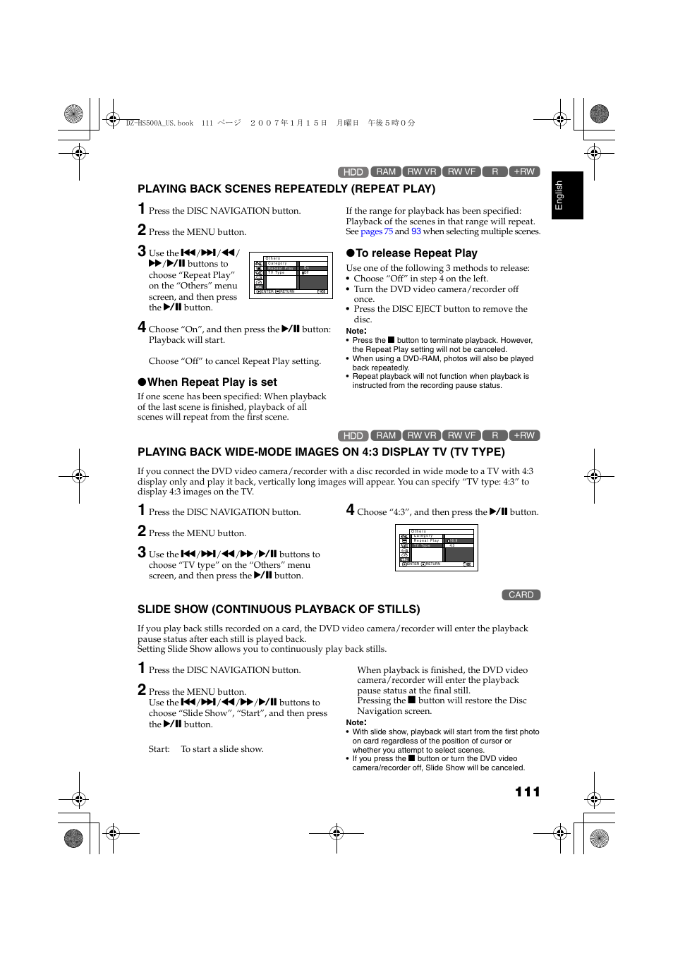 Playing back scenes repeatedly, Repeat play), Playing back wide-mode images | On 4:3 display tv (tv type), Slide show (continuous playback, Of stills), P. 111, P. 1 | Hitachi DZ-HS500A User Manual | Page 111 / 169