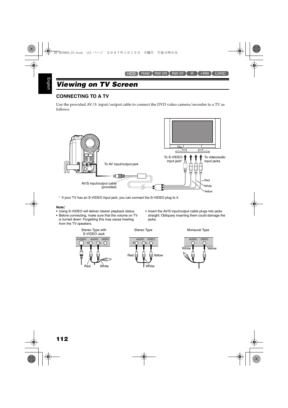 Connecting to a tv, Viewing on tv screen, P. 112, 115 | Hitachi DZ-HS500A User Manual | Page 112 / 169