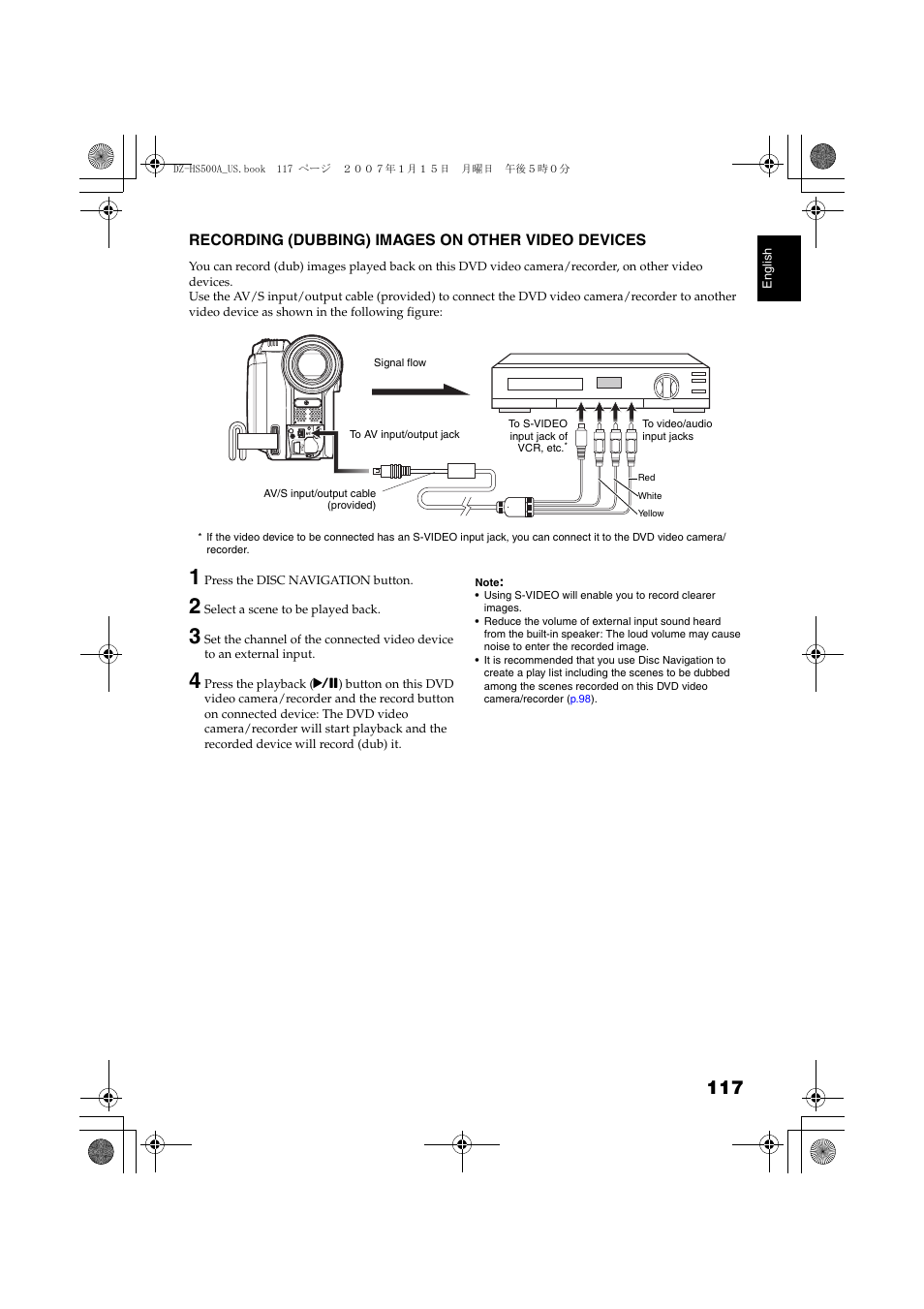 Recording (dubbing) images on other, Video devices | Hitachi DZ-HS500A User Manual | Page 117 / 169
