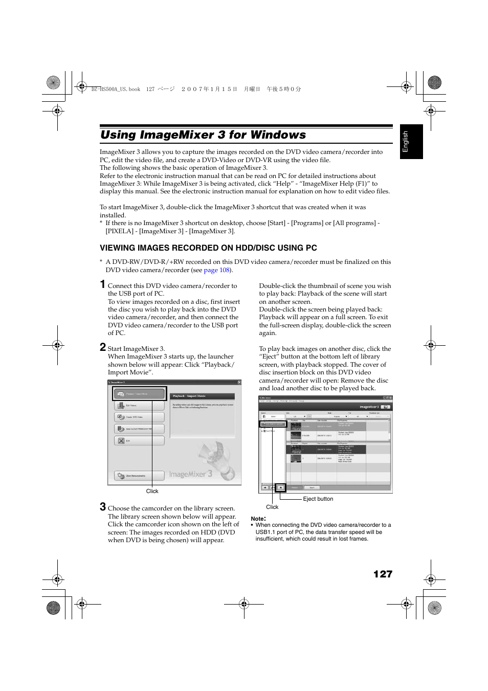 Using imagemixer 3 for windows, Viewing images recorded, On hdd/disc using pc | Hitachi DZ-HS500A User Manual | Page 127 / 169