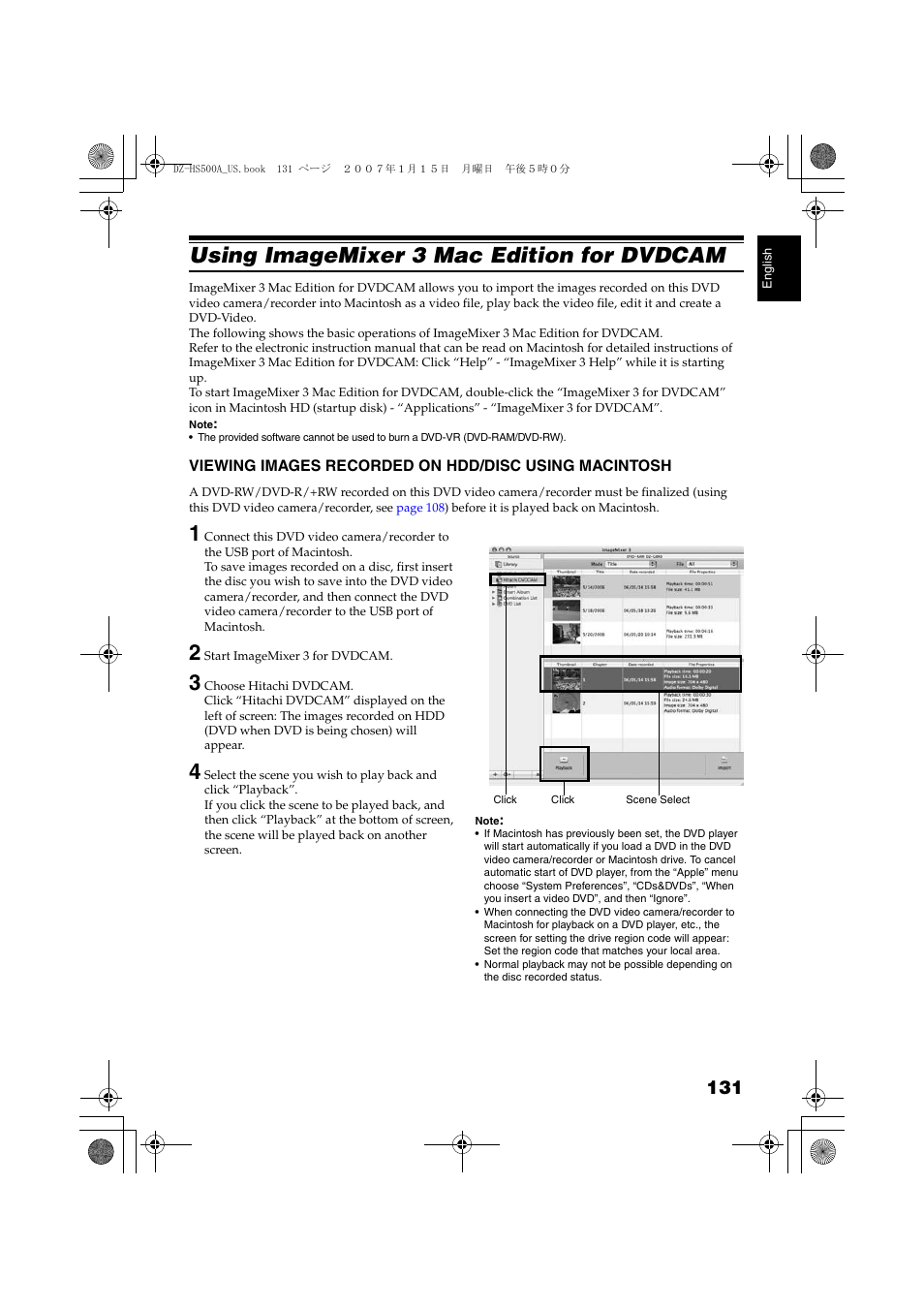 Using imagemixer 3 mac edition for, Dvdcam, Viewing images recorded | On hdd/disc using macintosh, Using imagemixer 3 mac edition for dvdcam | Hitachi DZ-HS500A User Manual | Page 131 / 169