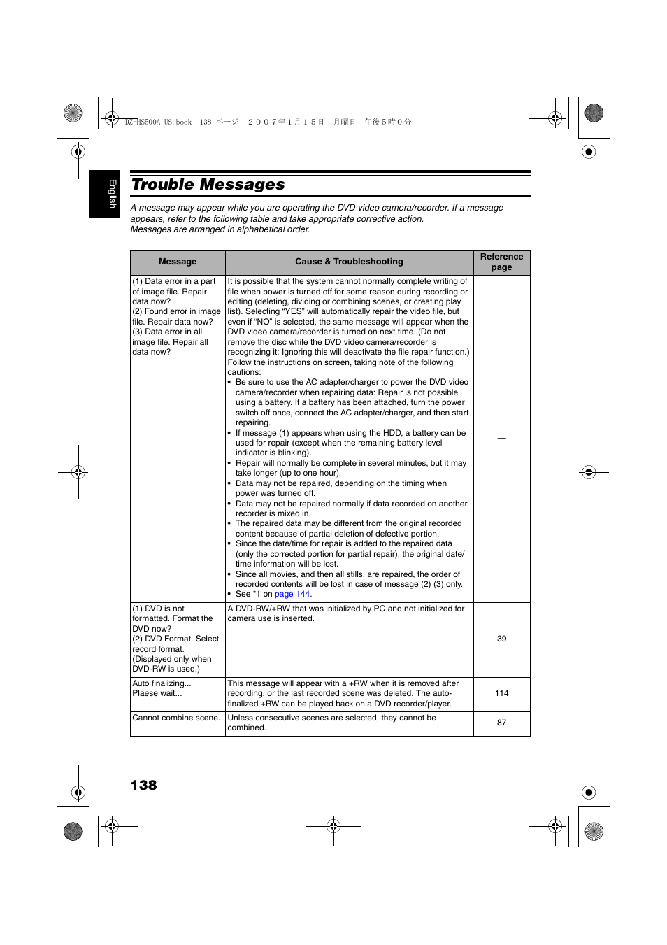 Trouble messages, Trouble messages” on | Hitachi DZ-HS500A User Manual | Page 138 / 169