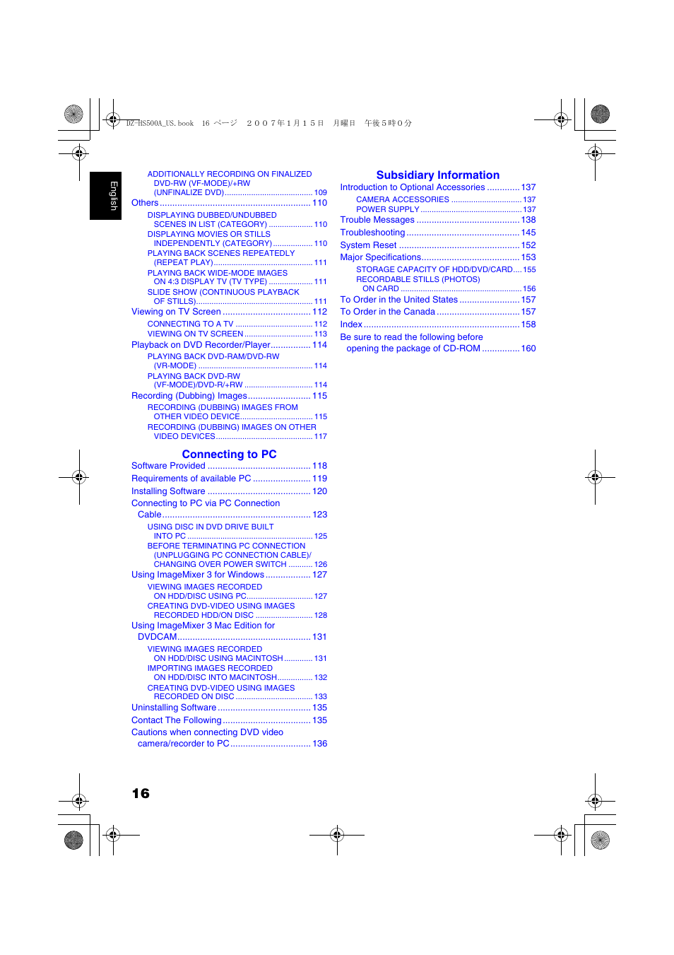 Connecting to pc, Subsidiary information | Hitachi DZ-HS500A User Manual | Page 16 / 169