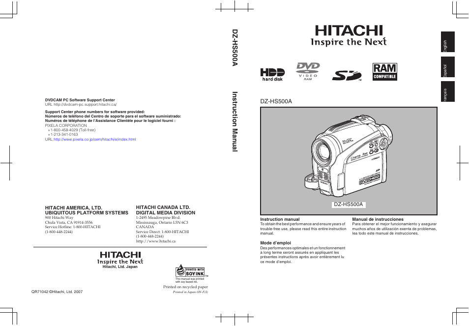 Dz-hs500a instruction man ual, Dz-hs500a | Hitachi DZ-HS500A User Manual | Page 169 / 169