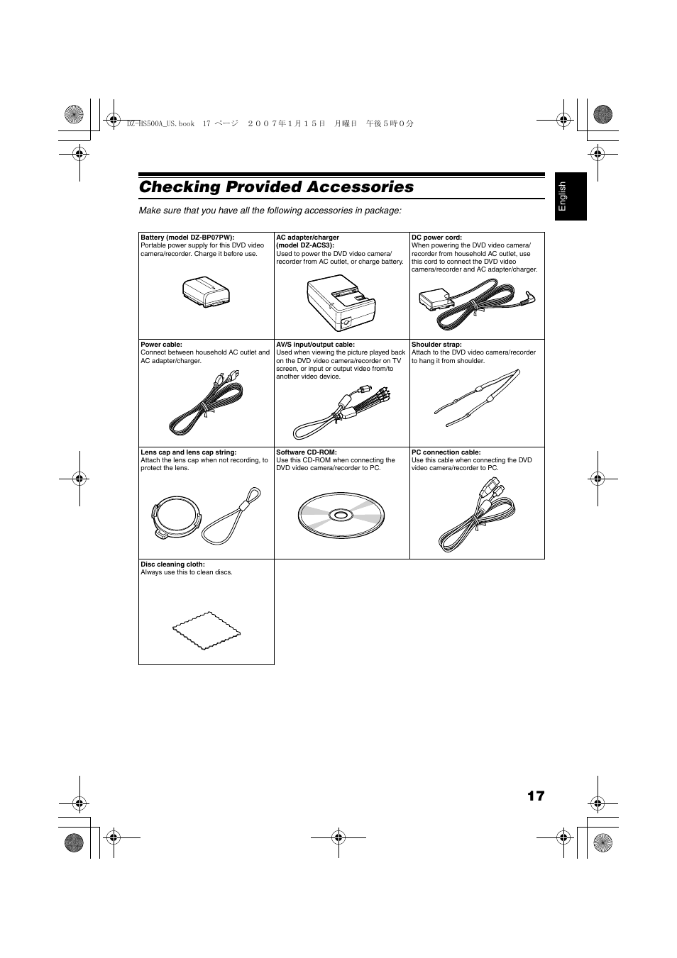 Checking provided accessories | Hitachi DZ-HS500A User Manual | Page 17 / 169