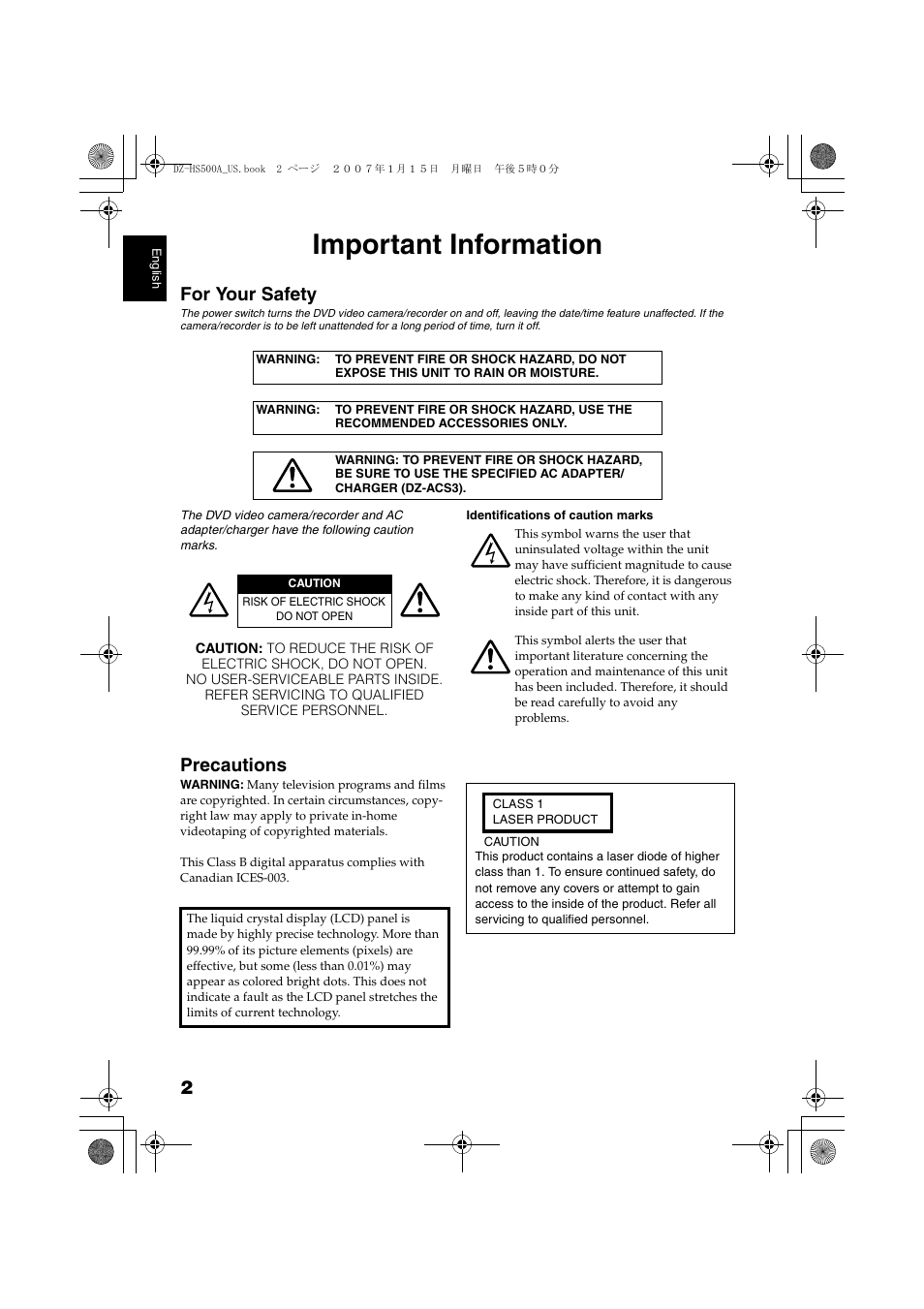 Important information, For your safety, Precautions | Hitachi DZ-HS500A User Manual | Page 2 / 169