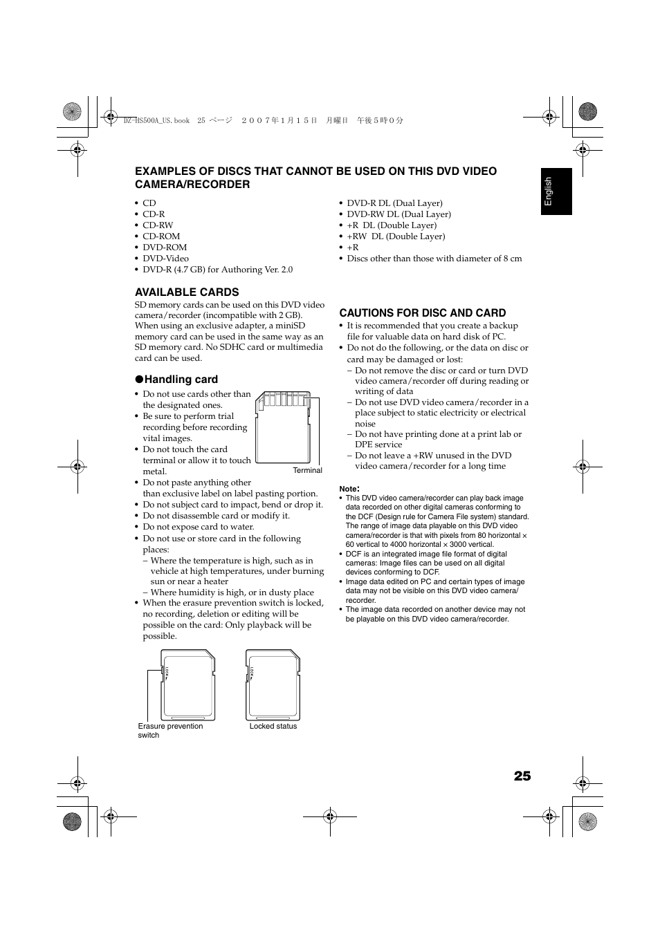 Examples of discs that cannot be, Used on this dvd video camera/ recorder, Available cards cautions for disc and card | Hitachi DZ-HS500A User Manual | Page 25 / 169