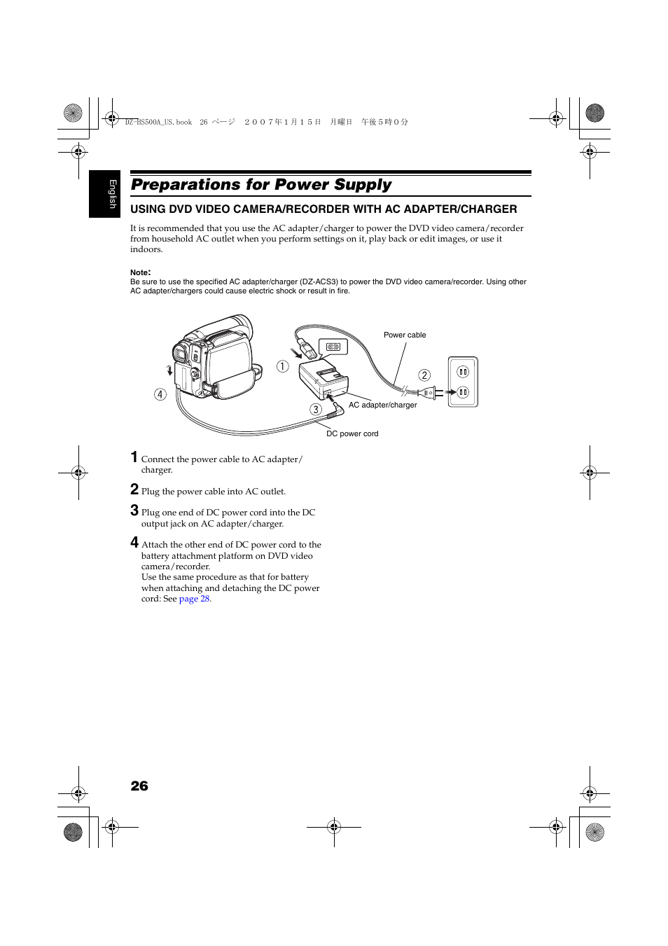 Preparations for power supply, Using dvd video camera/recorder, With ac adapter/charger | Hitachi DZ-HS500A User Manual | Page 26 / 169