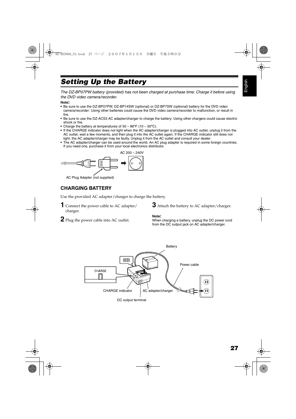 Setting up the battery, Charging battery | Hitachi DZ-HS500A User Manual | Page 27 / 169