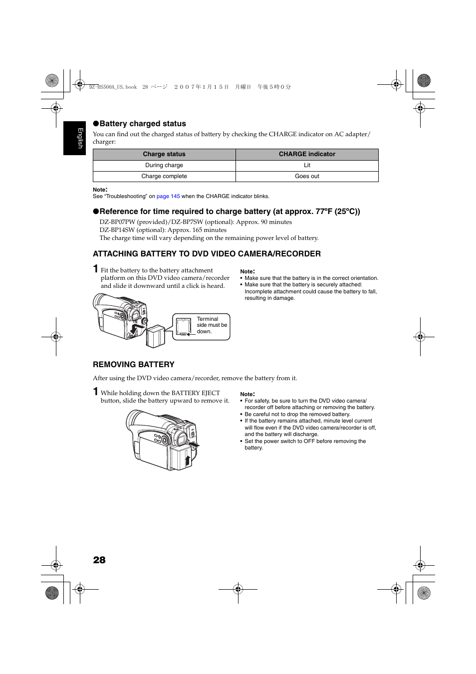 Attaching battery to dvd video, Camera/recorder, Removing battery | Tton, P. 28 | Hitachi DZ-HS500A User Manual | Page 28 / 169