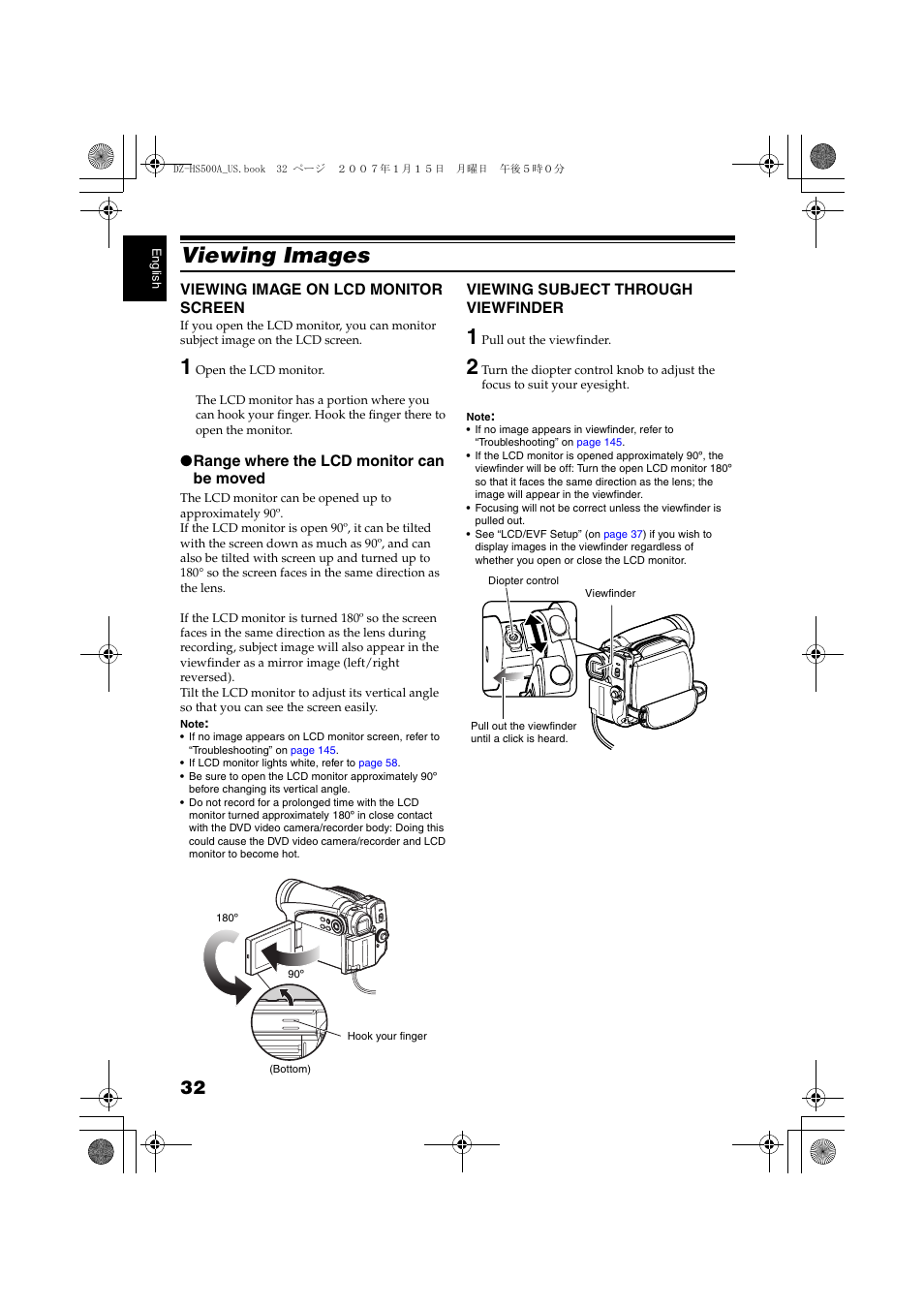 Viewing images, Viewing image on lcd monitor, Screen | Viewing subject through, Viewfinder, P. 32 | Hitachi DZ-HS500A User Manual | Page 32 / 169