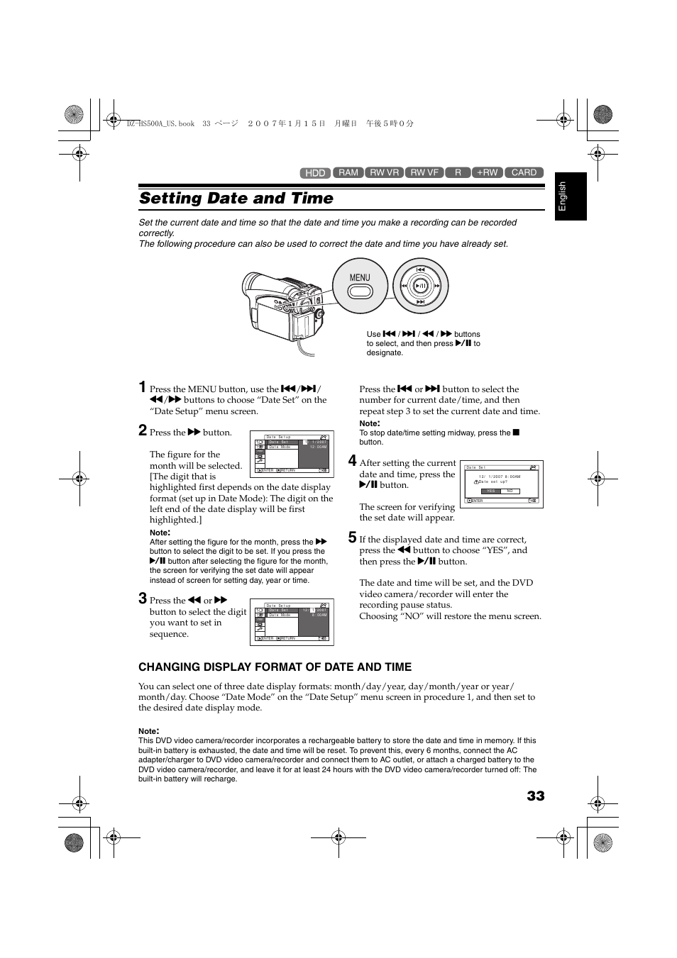 Setting date and time, Changing display format of, Date and time | Tton, P. 33, Changing display format of date and time | Hitachi DZ-HS500A User Manual | Page 33 / 169