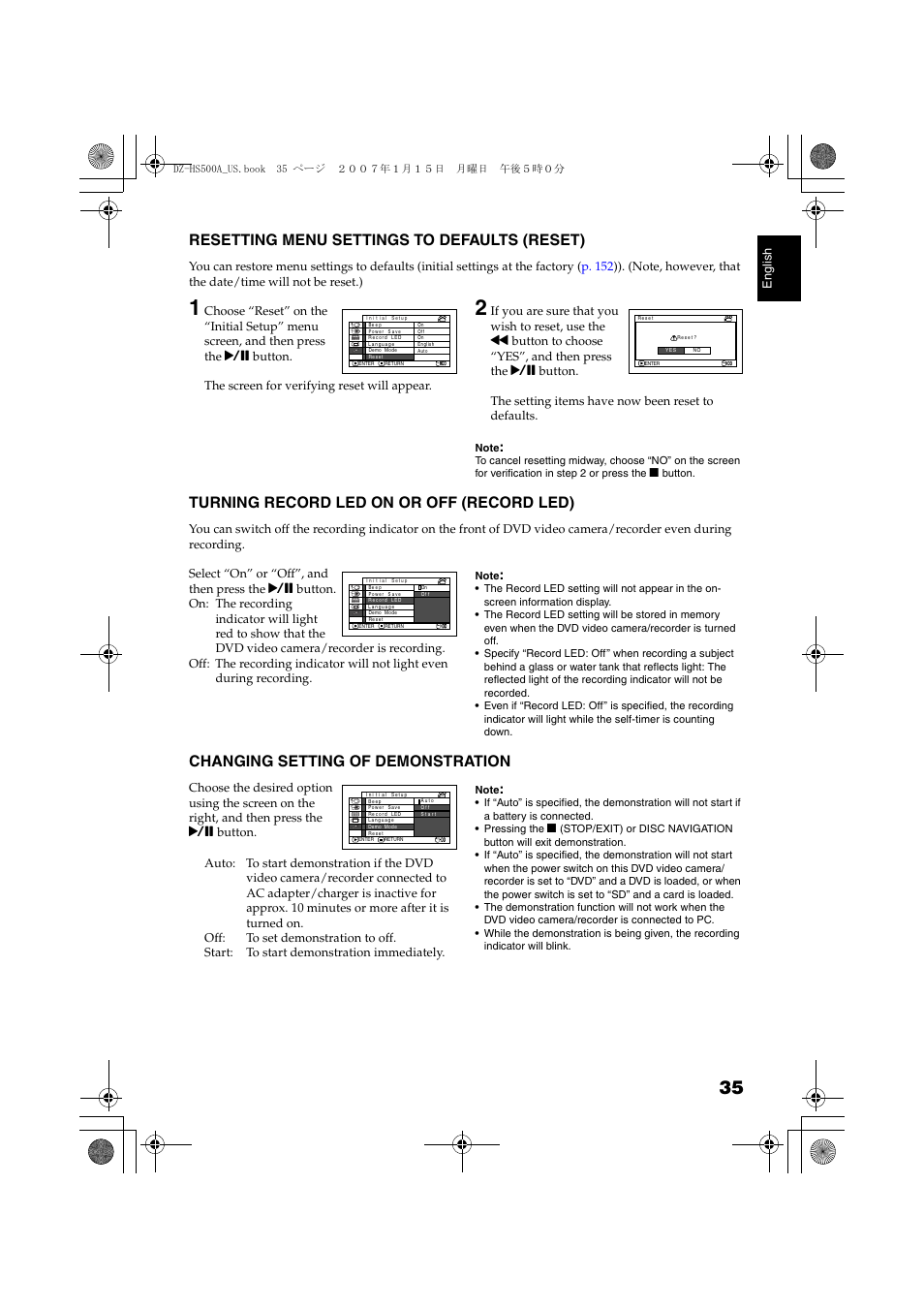 Resetting menu settings to, Defaults (reset), Turning record led on or off | Record led), Changing setting of, Demonstration, P. 35, Resetting menu settings to defaults (reset), Turning record led on or off (record led), Changing setting of demonstration | Hitachi DZ-HS500A User Manual | Page 35 / 169