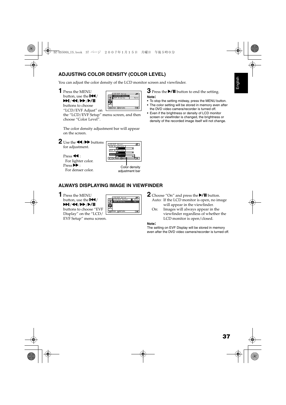 Adjusting color density, Color level), Always displaying image in | Viewfinder, Adjusting color density (color level), Always displaying image in viewfinder | Hitachi DZ-HS500A User Manual | Page 37 / 169