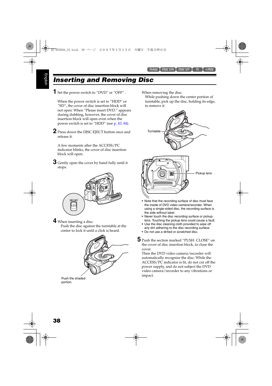 Inserting and removing disc, Tton, P. 38 | Inserting and removing disc 1 | Hitachi DZ-HS500A User Manual | Page 38 / 169
