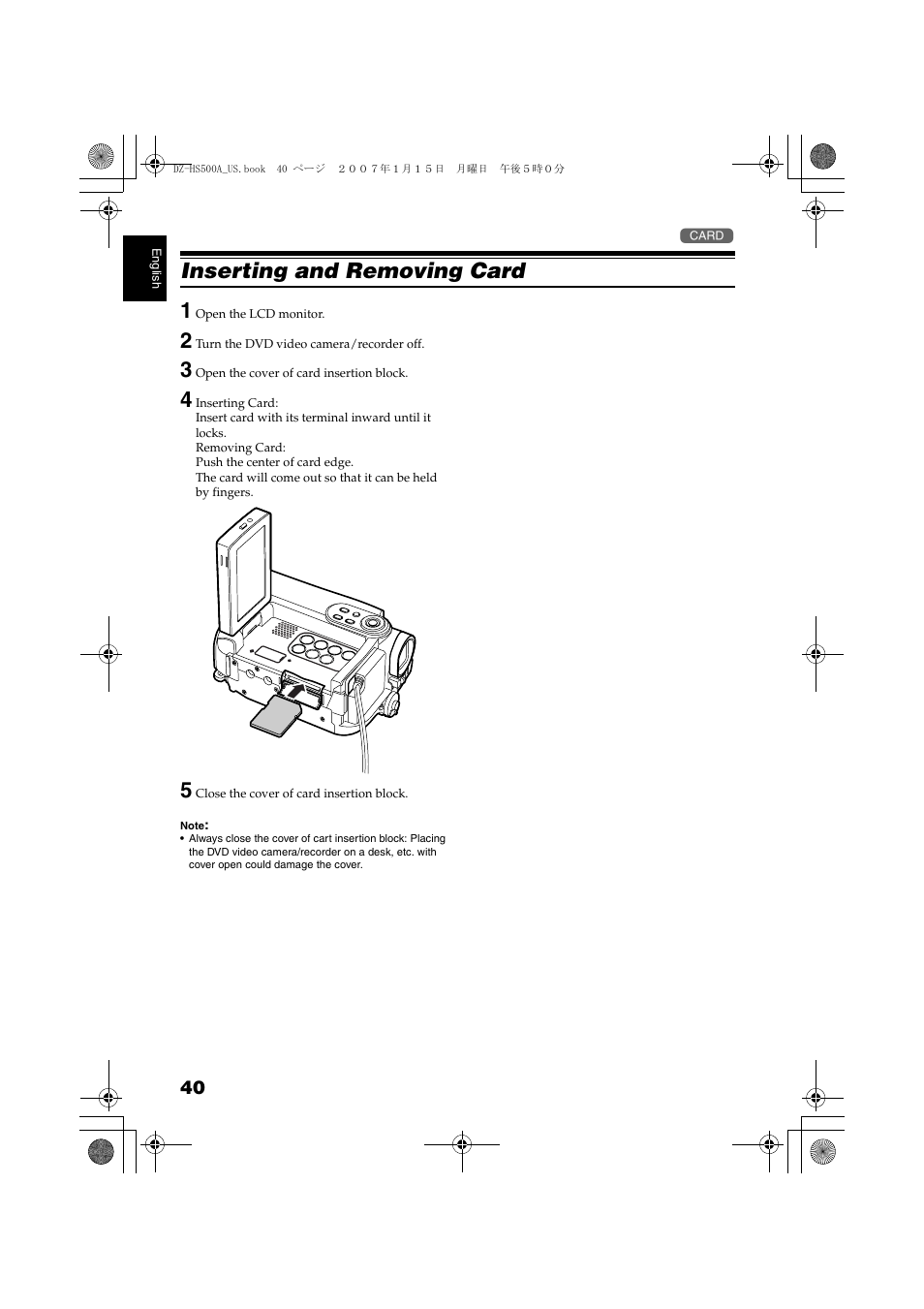 Inserting and removing card, P. 40, Inserting and removing card 1 | Hitachi DZ-HS500A User Manual | Page 40 / 169