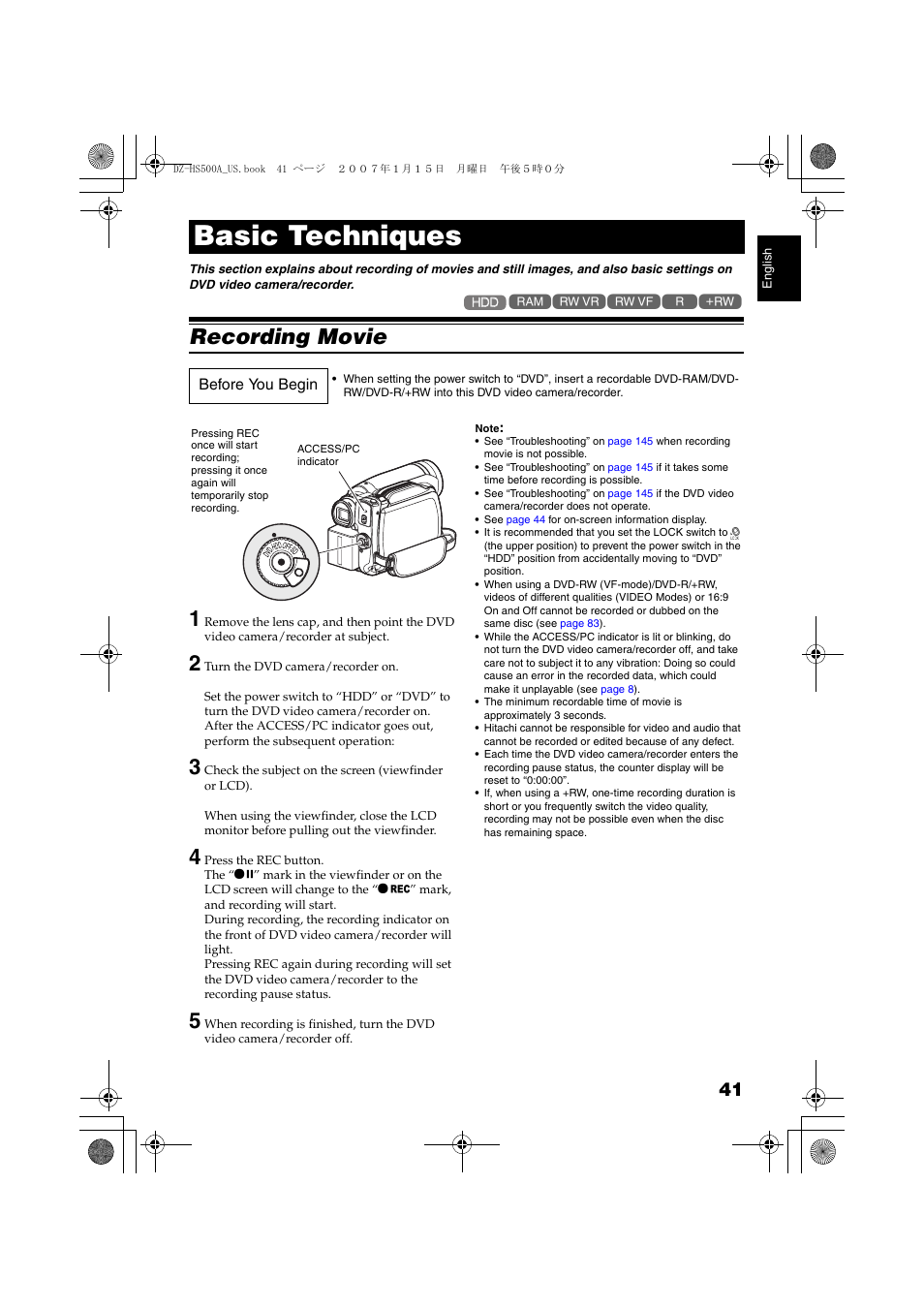 Basic techniques” expla, Recording movie, P. 41, 155 | P. 41, Basic techniques, Recording movie 1 | Hitachi DZ-HS500A User Manual | Page 41 / 169