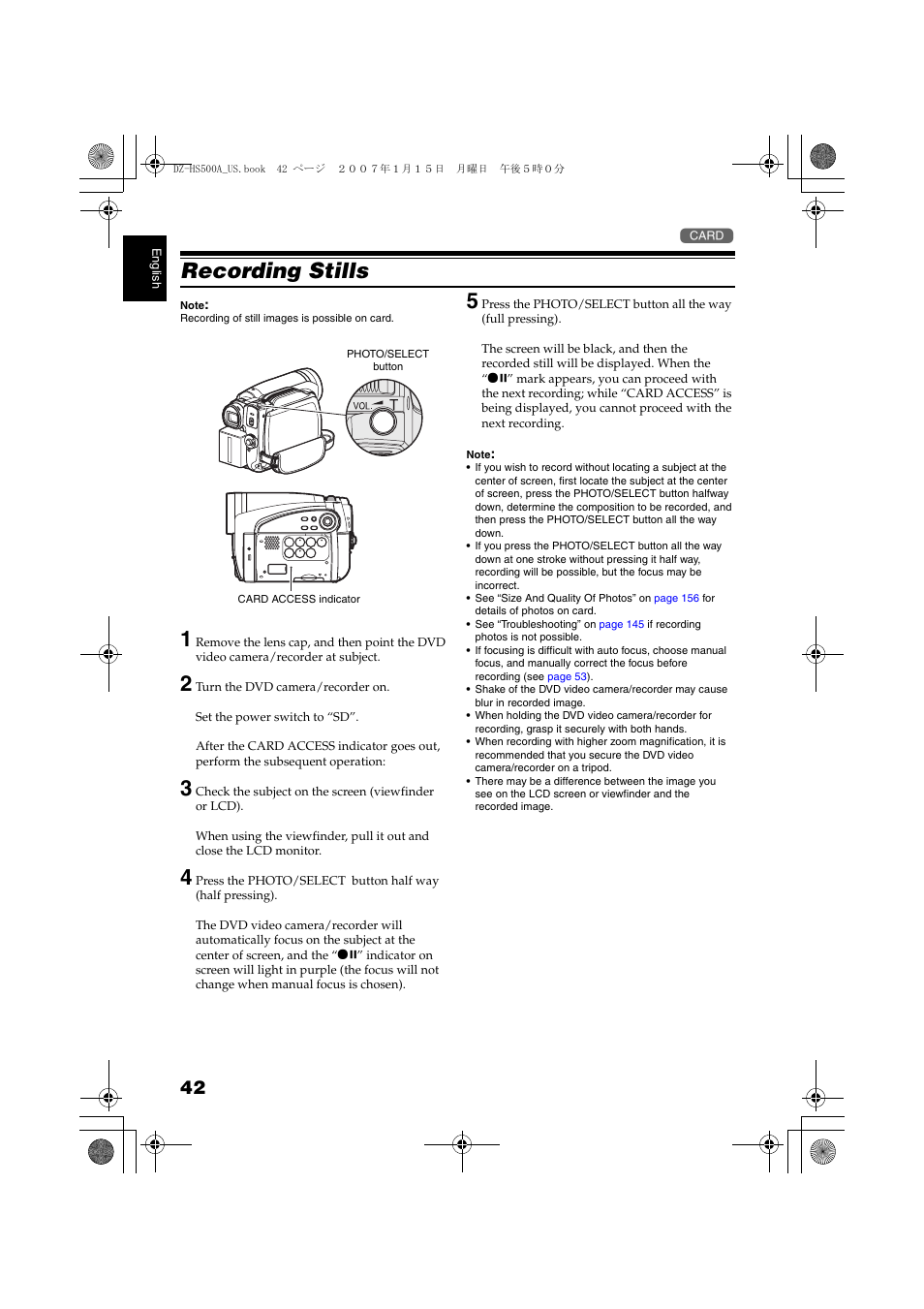 Recording stills, P. 42, P. 42) | Hitachi DZ-HS500A User Manual | Page 42 / 169