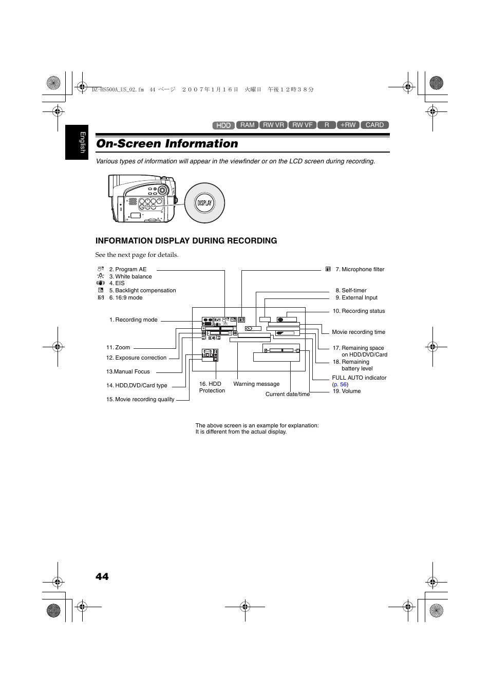 On-screen information, Information display during, Recording | P. 44, Information display during recording | Hitachi DZ-HS500A User Manual | Page 44 / 169