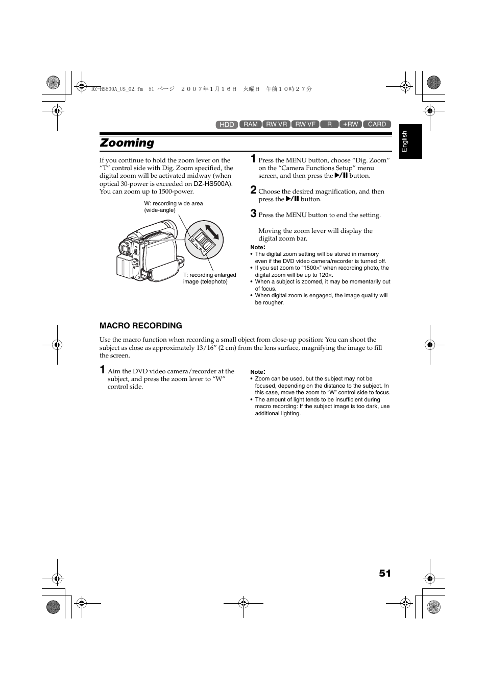 Zooming, Macro recording, P. 51 | P. 51, 53 | Hitachi DZ-HS500A User Manual | Page 51 / 169