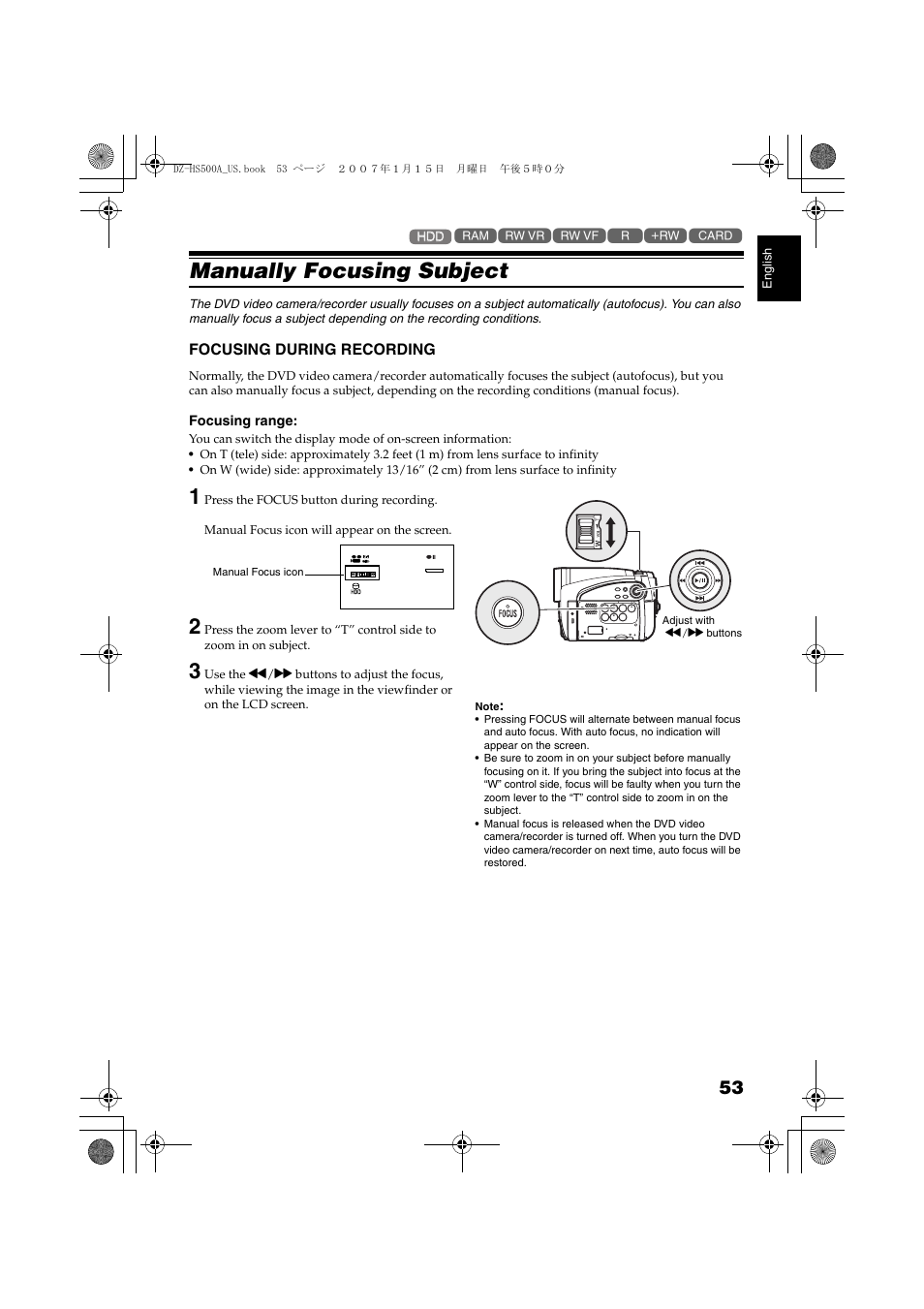 Manually focusing subject, Focusing during recording, P. 53 | Hitachi DZ-HS500A User Manual | Page 53 / 169