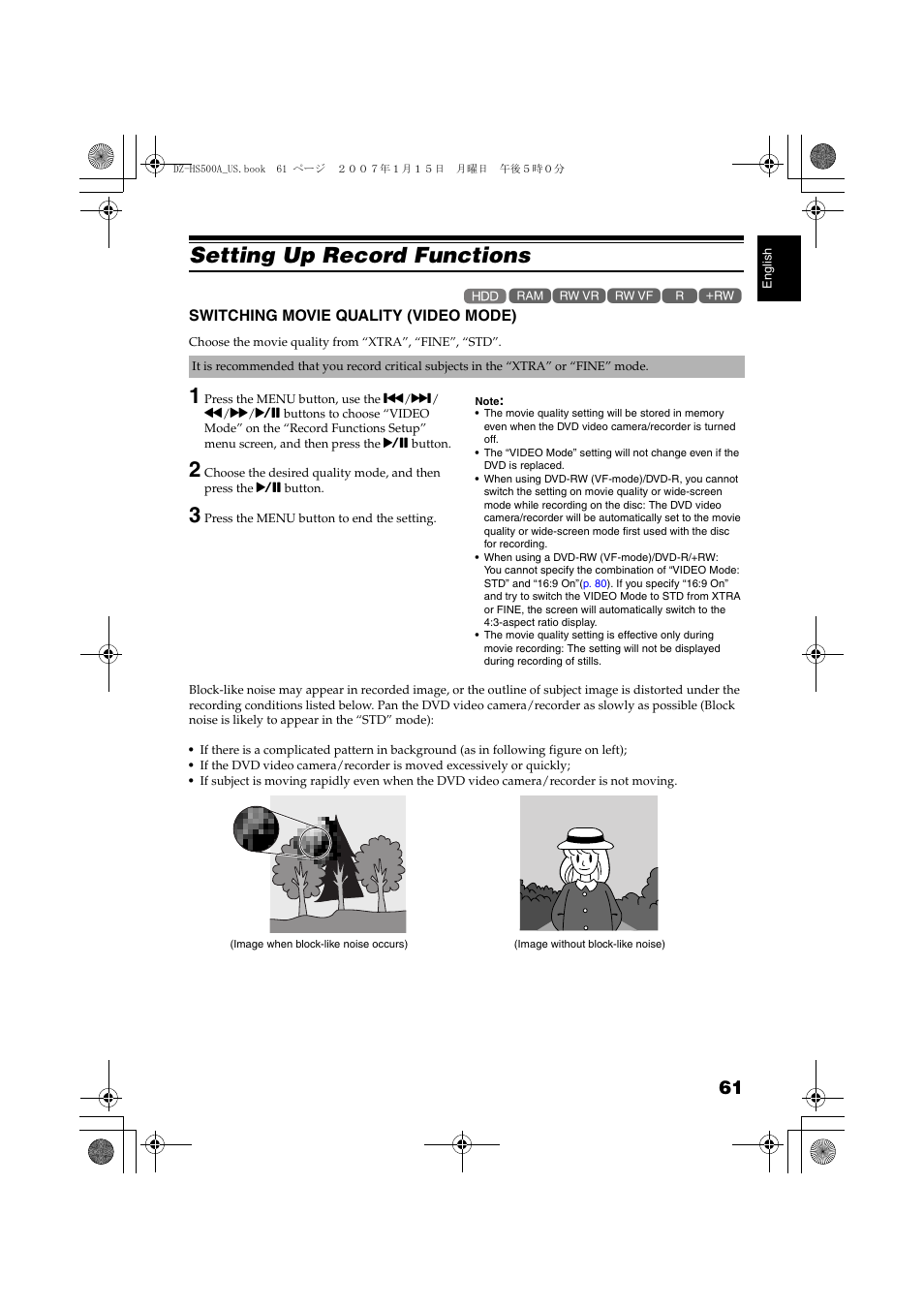 Setting up record functions, Switching movie quality, Video mode) | P. 61 | Hitachi DZ-HS500A User Manual | Page 61 / 169