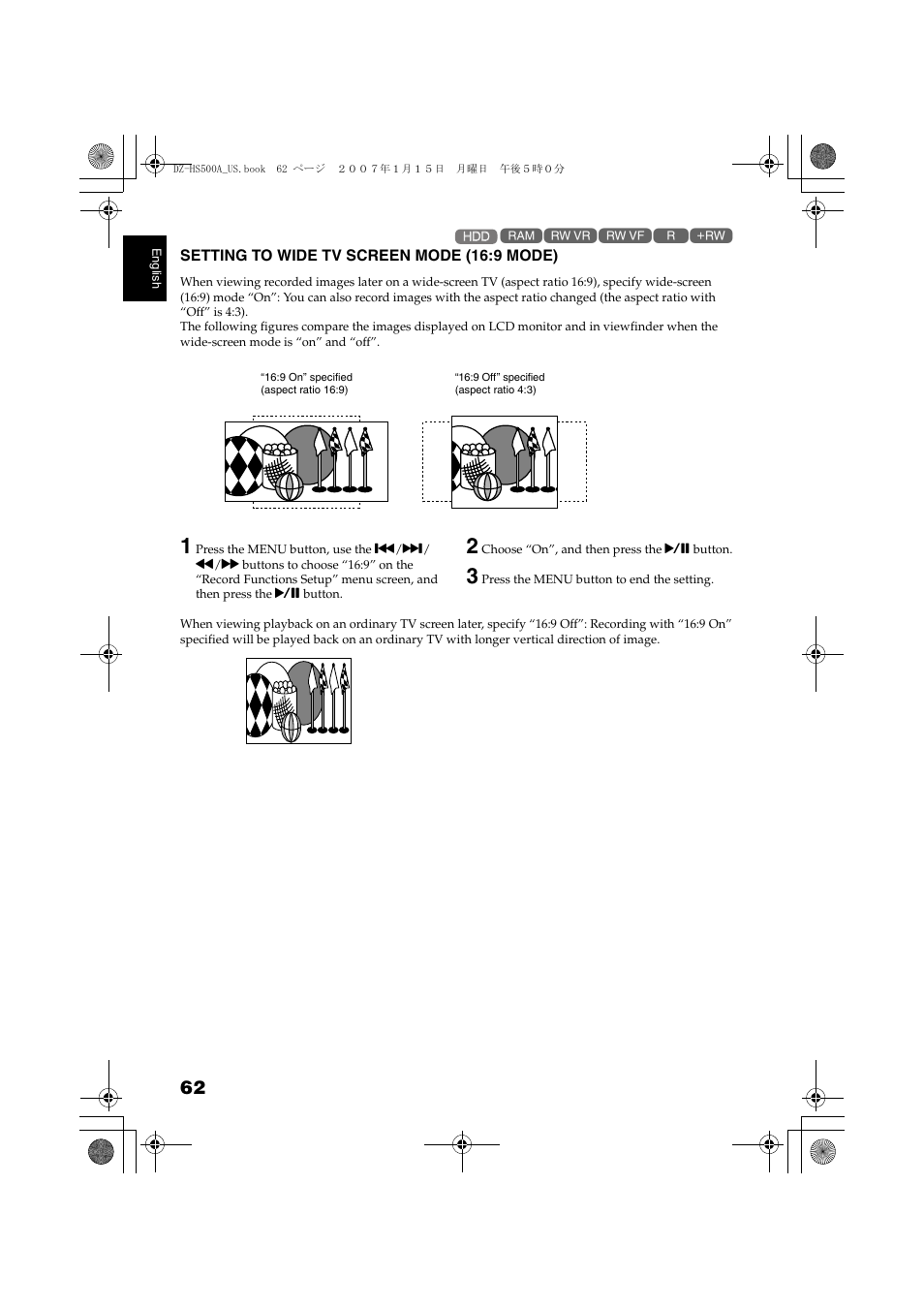 Setting to wide tv screen mode, 9 mode), P. 62 | Hitachi DZ-HS500A User Manual | Page 62 / 169