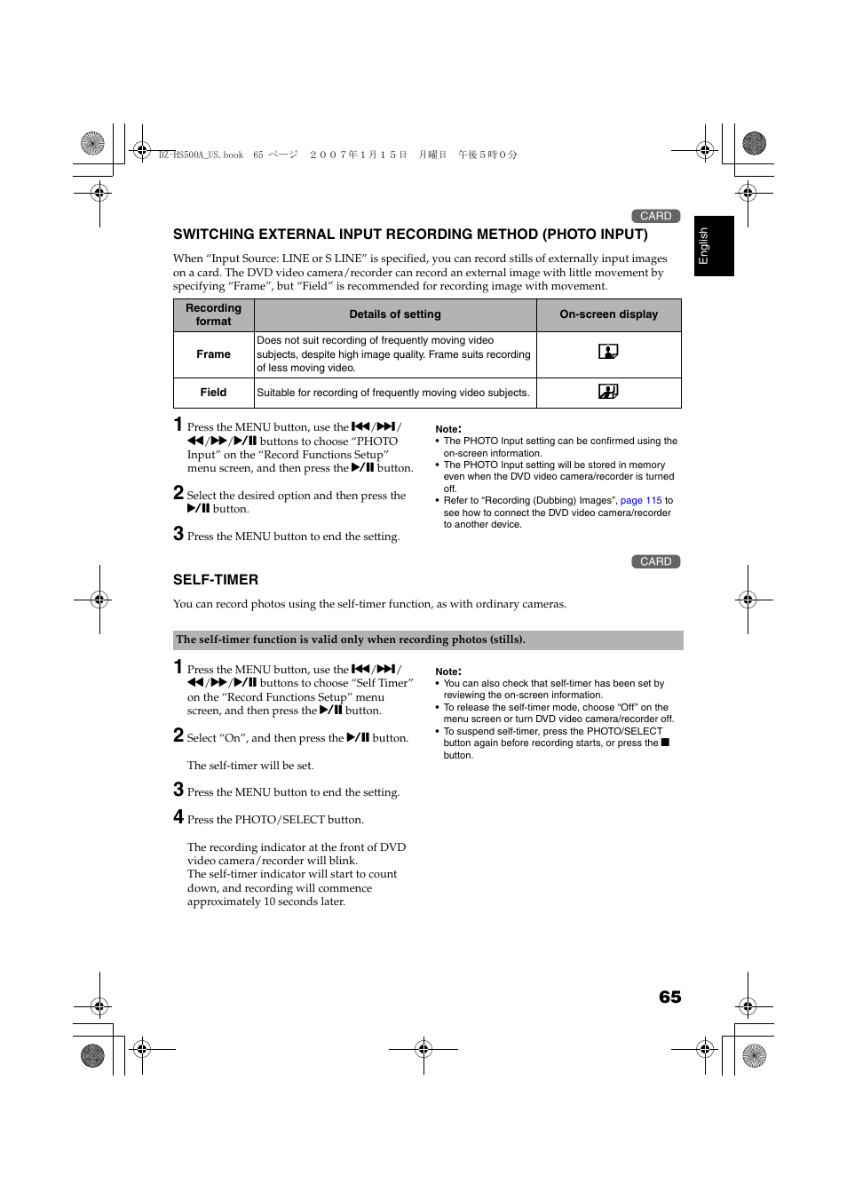 Switching external input recording, Method (photo input), Self-timer | P. 65 | Hitachi DZ-HS500A User Manual | Page 65 / 169