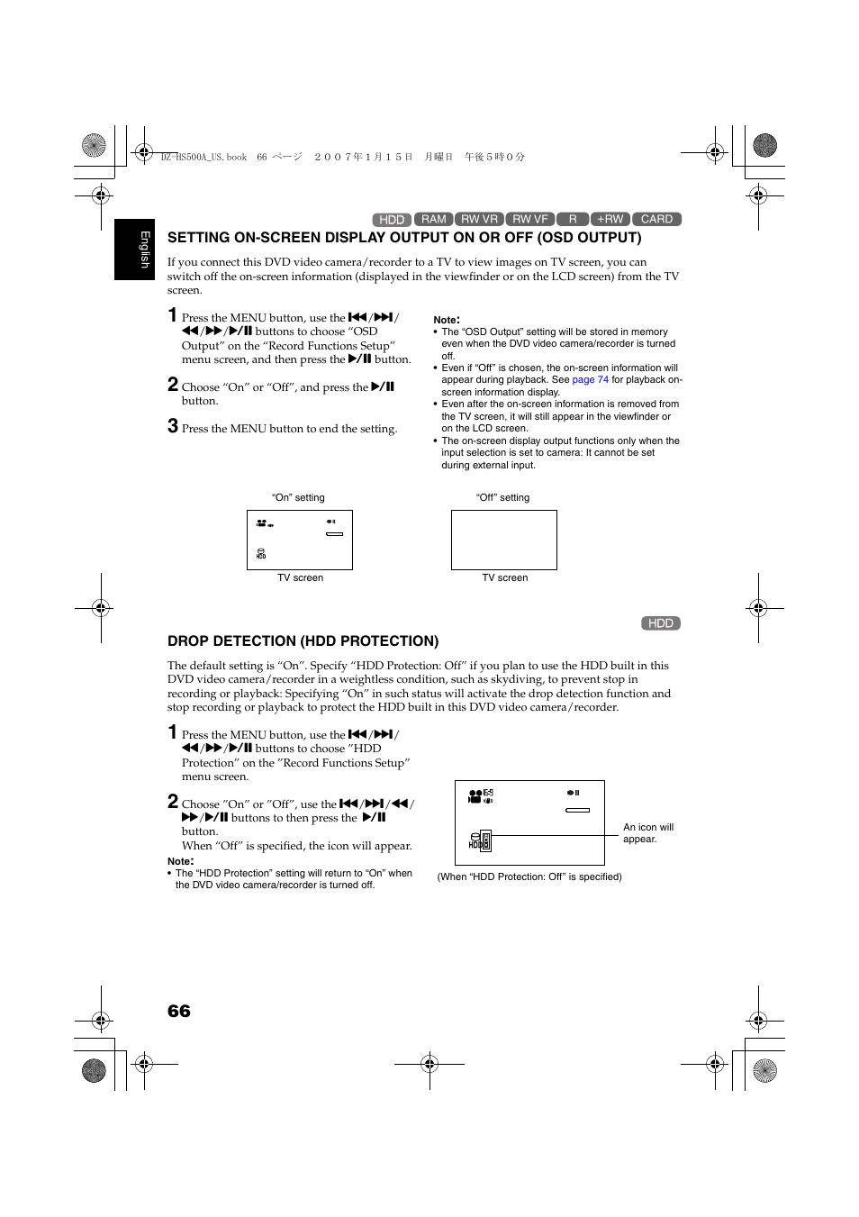 Setting on-screen display output on, Or off (osd output), Drop detection (hdd protection) | Otection, P. 66 | Hitachi DZ-HS500A User Manual | Page 66 / 169