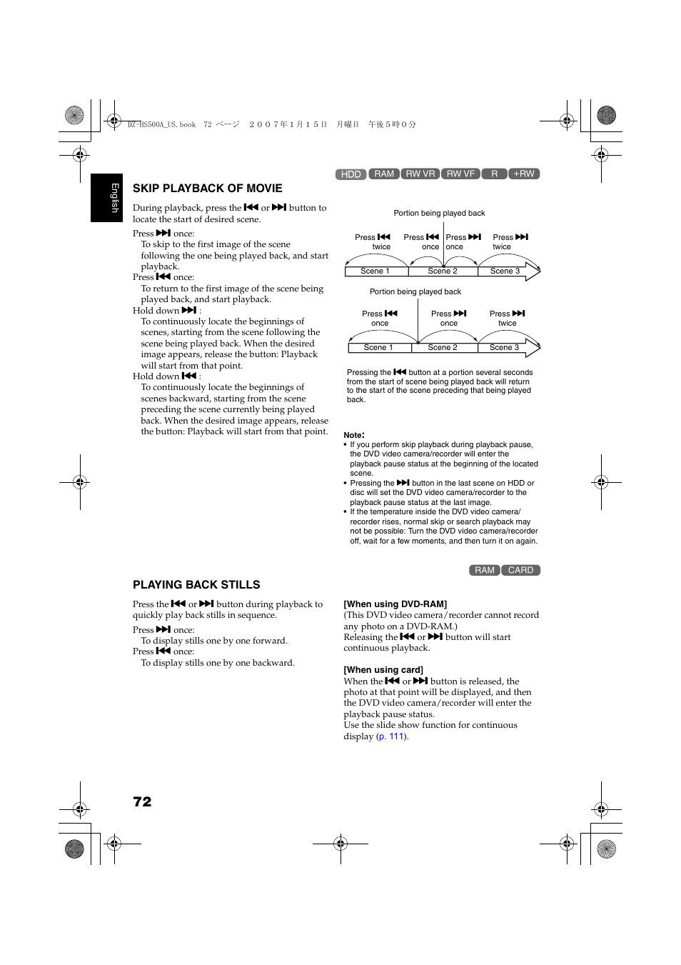 Skip playback of movie playing back stills | Hitachi DZ-HS500A User Manual | Page 72 / 169