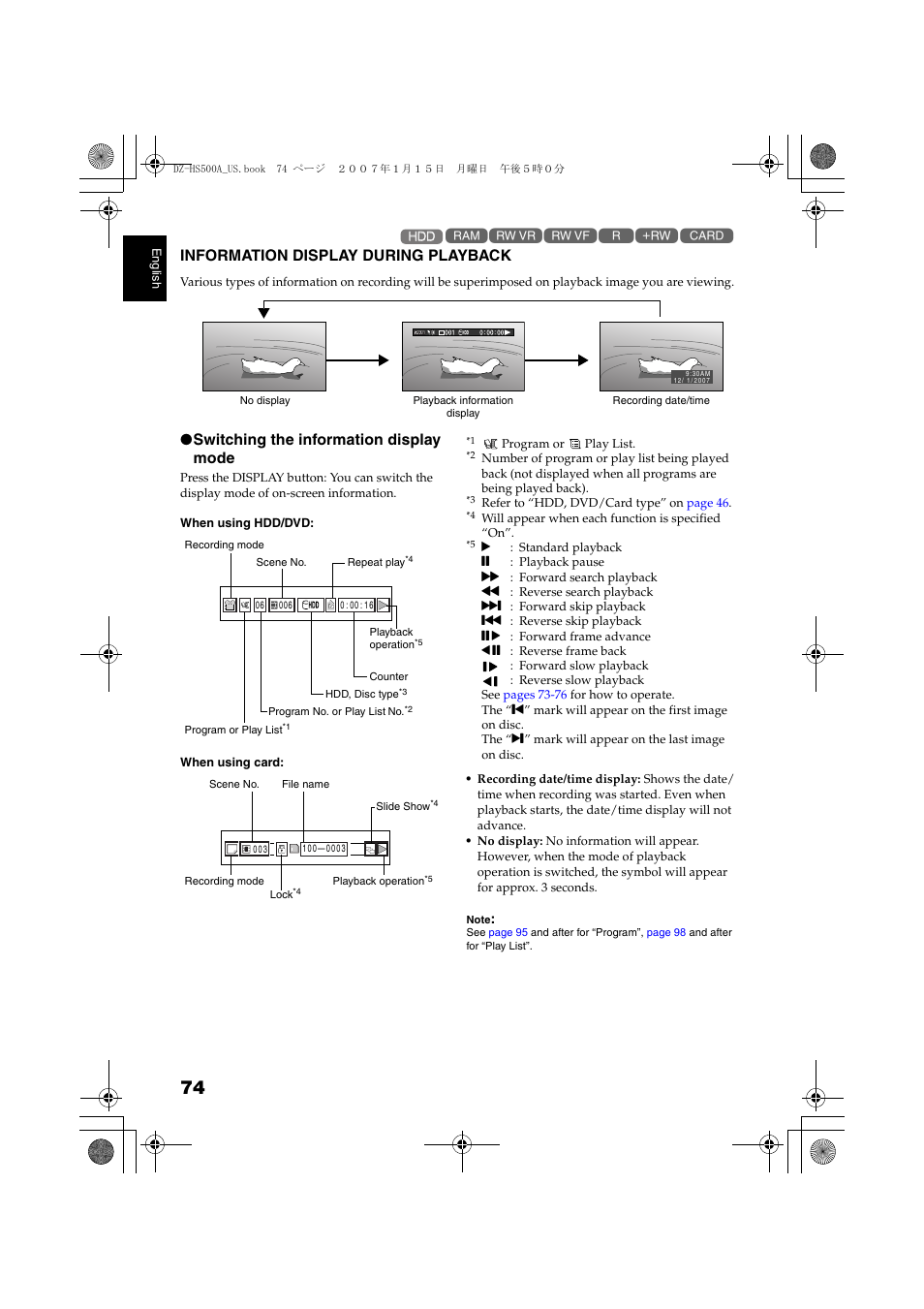 Information display during, Playback, Information display during playback | Switching the information display mode | Hitachi DZ-HS500A User Manual | Page 74 / 169